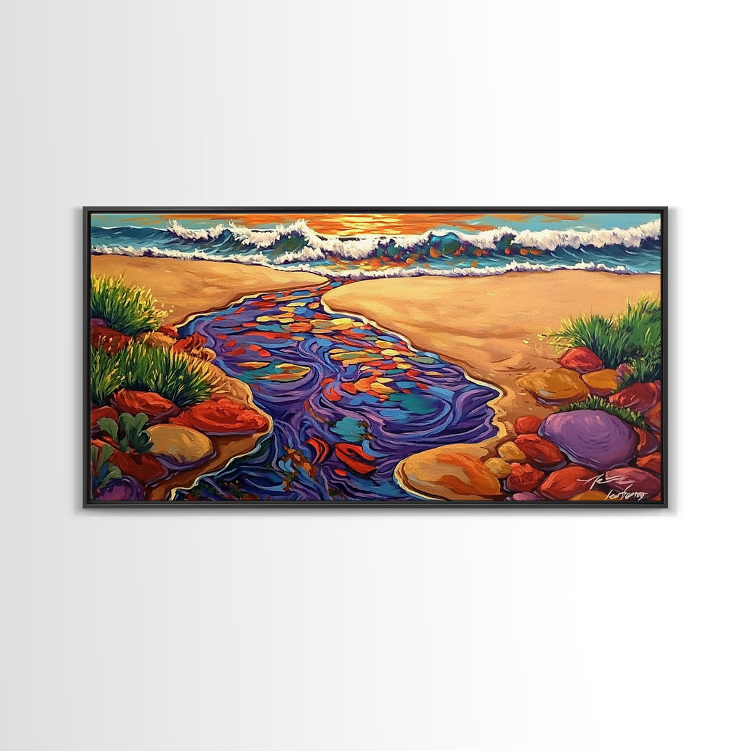 Ocean Stream, Sunset, Framed Canvas Print, Vibrant Beach Painting, Surf Wall Art, Coastal Decor, Sunset Seascape, Colorful Nature Art