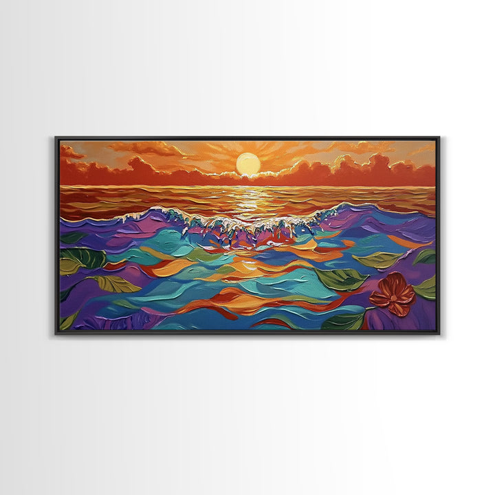 Ocean Sunset, Petals, Framed Canvas Print, Beachy Living Room Decor, Vibrant Seascape Art, Tropical Floral Painting, Boho Home Accent