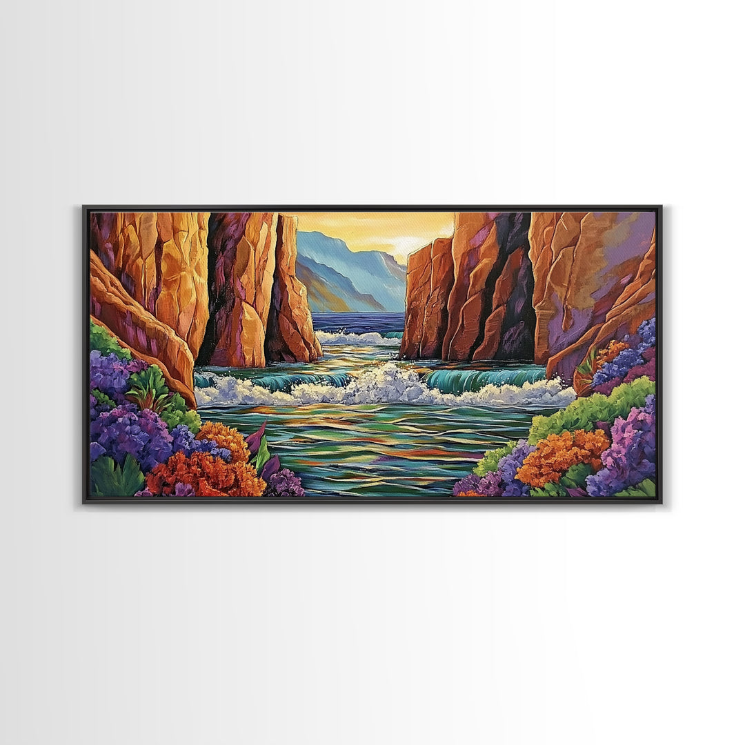 Canyon Cliffs, Ocean View, Sunset Water, Framed Canvas Print, Vibrant Landscape Wall Art, Office or Entryway Nature Decor
