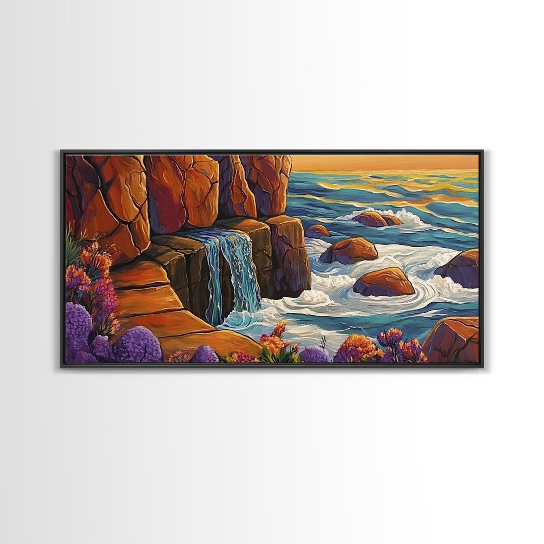 Cliffside Waterfall, Ocean Swirls, Sunset Tide, Framed Canvas Print, Nature Landscape Wall Art, Bold Boho Living Room Decor
