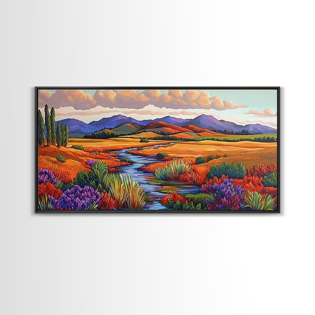 Autumn River, Golden Fields, Mountain View, Canvas Print, Fall Landscape Wall Art, Rustic Living Room Art, Seasonal Entryway Decor