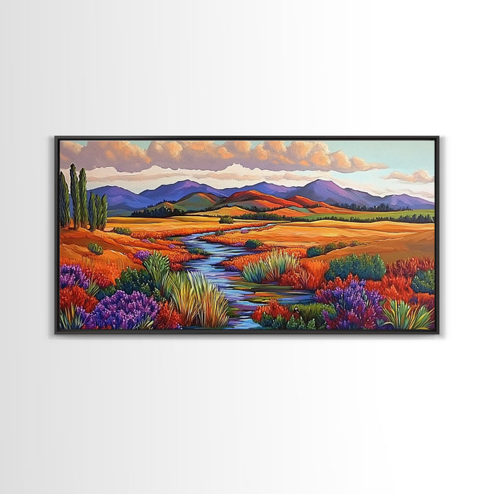 Autumn River, Golden Fields, Mountain View, Canvas Print, Fall Landscape Wall Art, Rustic Living Room Art, Seasonal Entryway Decor