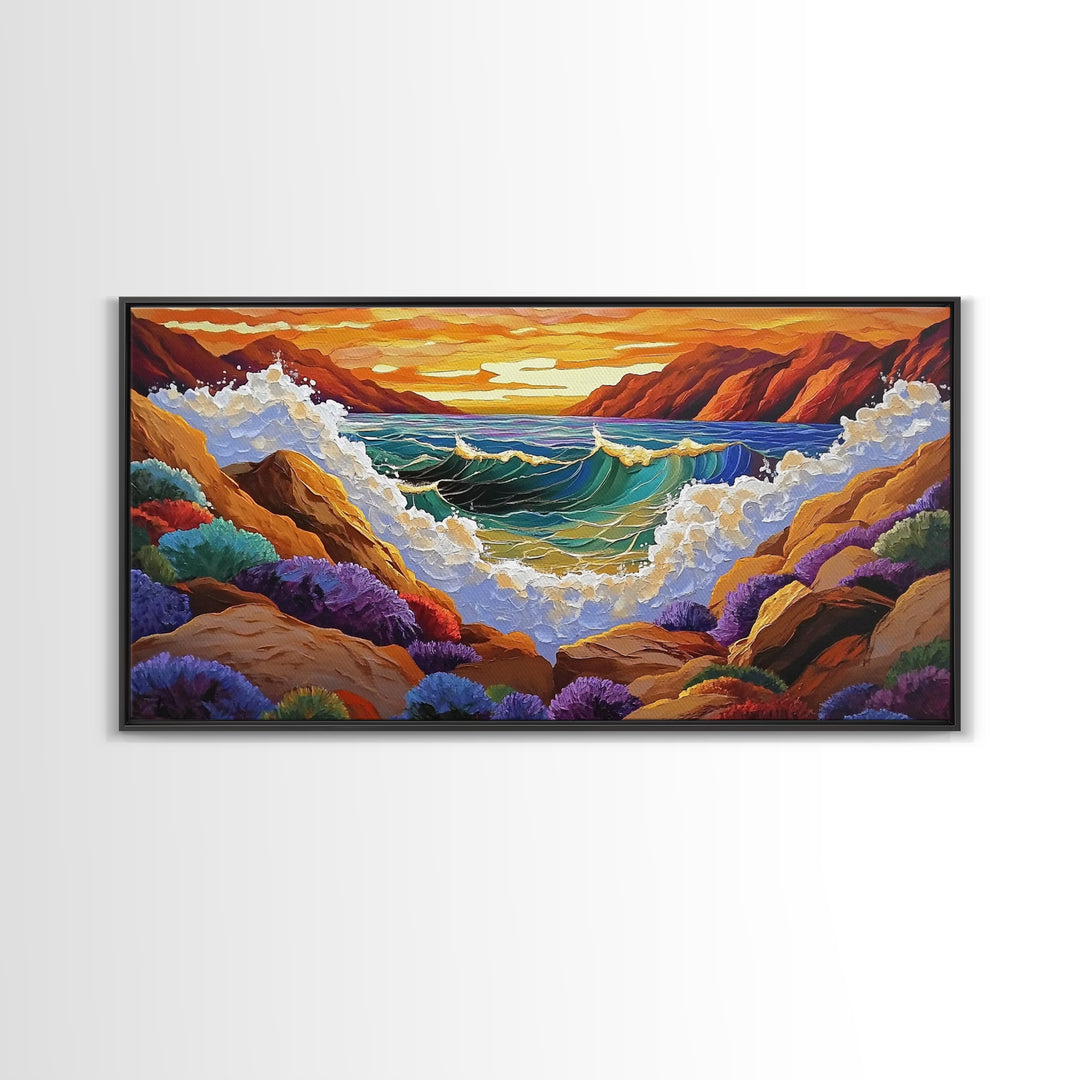 Wave Crash, Sunset Coast, Rocky Horizon, Canvas Print, Dramatic Seascape Wall Art, Ocean Inspired Living Room Art, Study Decor