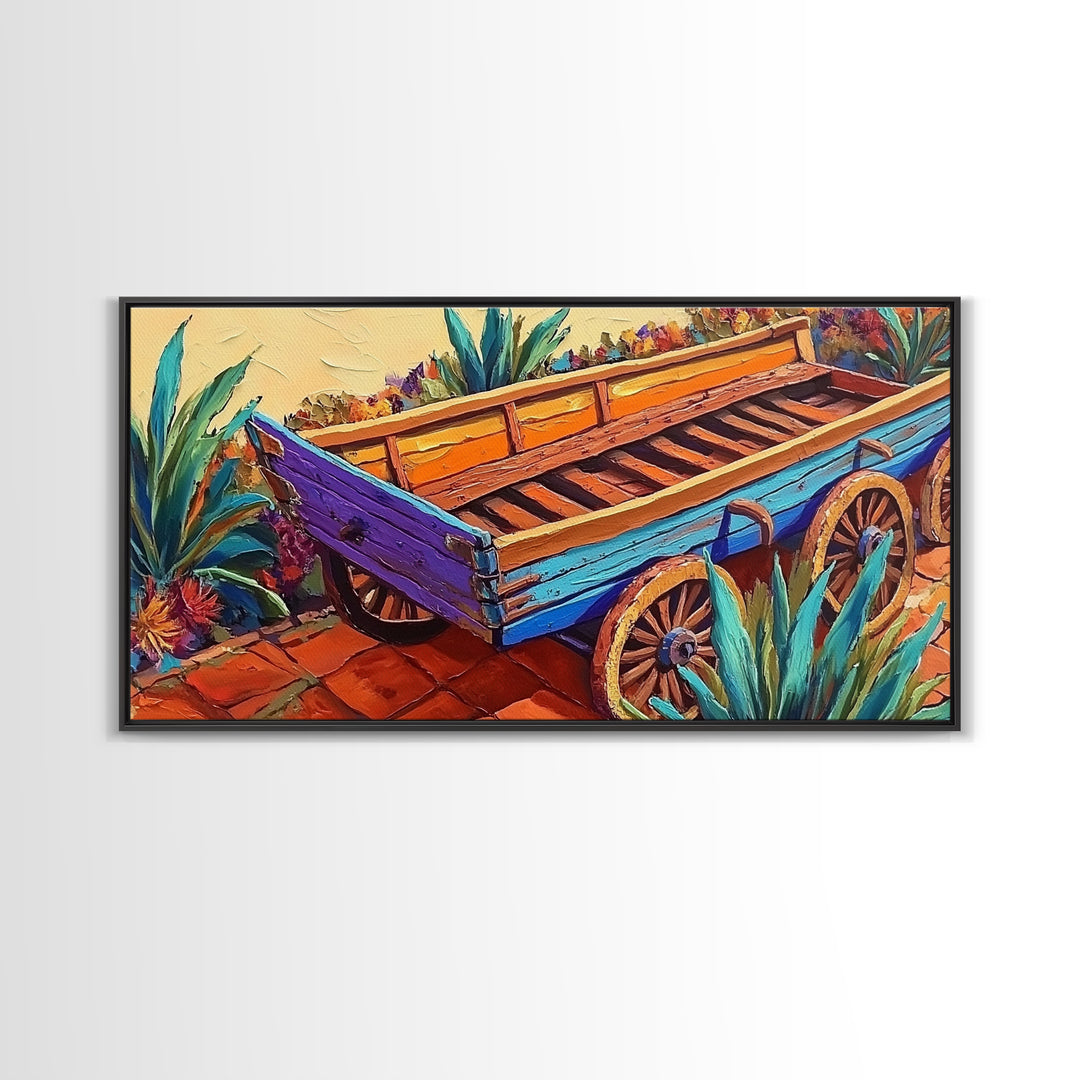 Painted Wagon, Rustic Charm, Color Pop, Framed Canvas Print, Western Farmhouse Wall Art, Vibrant Kitchen Print, Entryway Decor