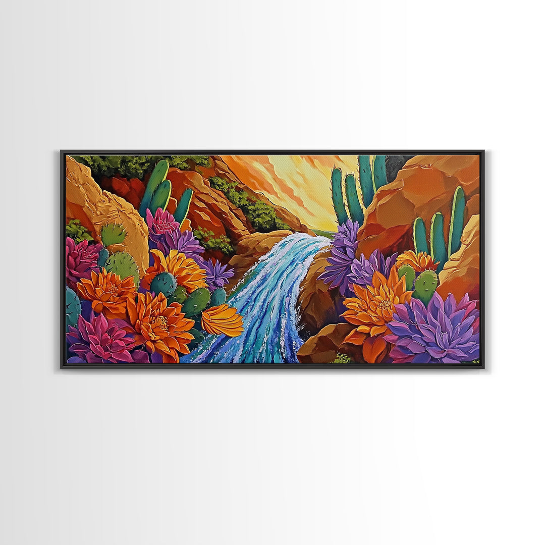 Cactus Canyon, Flowers, Waterfall, Framed Canvas Print Bright desert wall art, boho botanical painting, vibrant hallway home decor