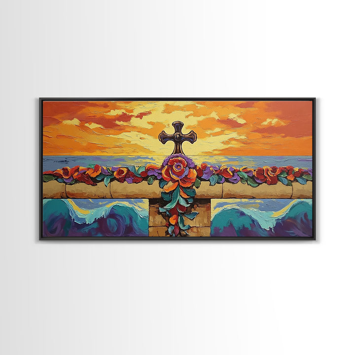 Cross Sunset, Flowers, Spiritual, Coastal Cross Sunset Framed Canvas Print, Christian Wall Art, Floral Beach Decor, Living Room Art