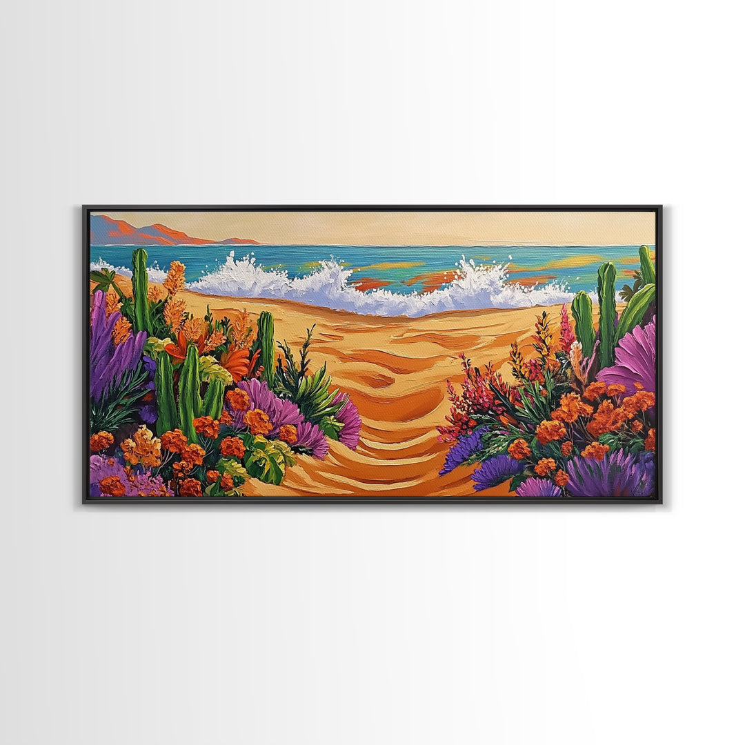 Beach Floral, Sunset, Cactus, Vibrant Desert Coastal Pathway Canvas Print, Entryway Wall Art, Boho Style Art, Tropical Beach Wall Decor