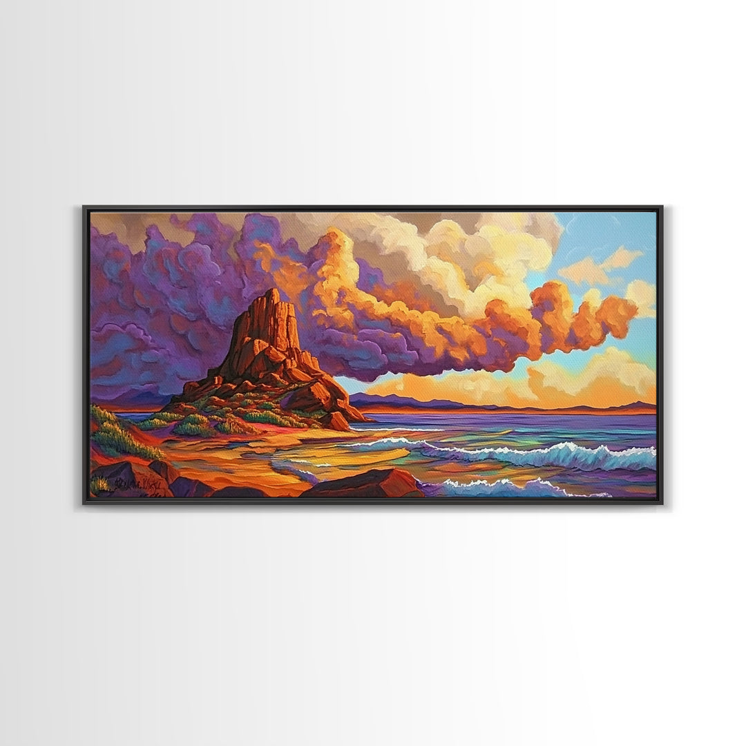 Sunset Clouds, Ocean, Cliffs, Framed Canvas Print, dramatic seascape art, Southwestern home decor, moody living room wall art