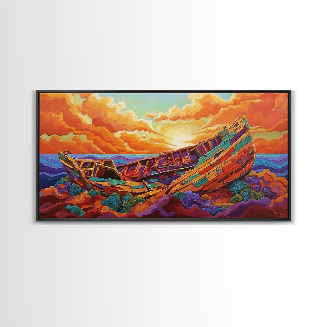 Shipwreck Sunset, Sea, Rustic, Framed Canvas Print, nautical fall coastal decor, beach cabin art, rustic ocean themed living room art