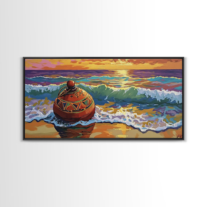 Buoy Shoreline, Sunset, Surf, Sunset Ocean Buoy Canvas Print, Coastal Wall Art, Nautical Theme Living Room, Bold Beach House Fall Decor