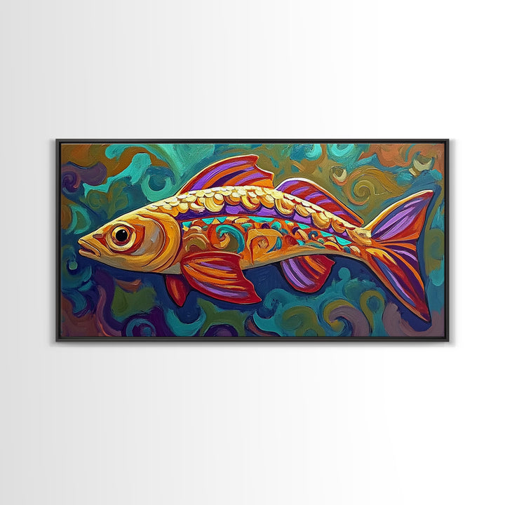 Colorful Fish, Wall, Art, Framed Canvas Print, Boho ocean wall decor, coastal bathroom wall art, whimsical undersea painting kitchen