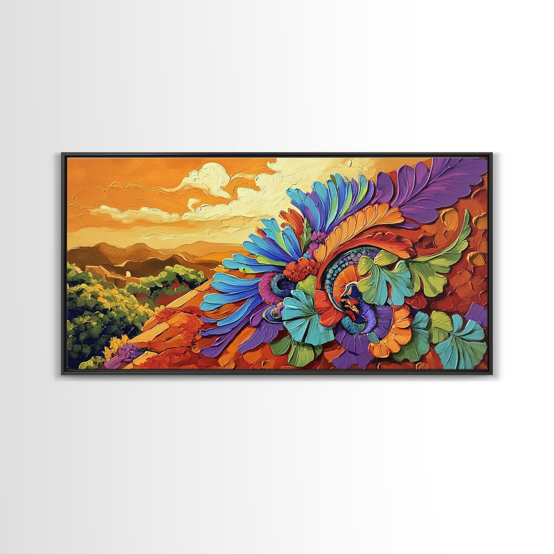 Colorful Feather, Design, Sunset, Framed Canvas Print, southwest wall art, abstract boho style, living room wall art, desert tones