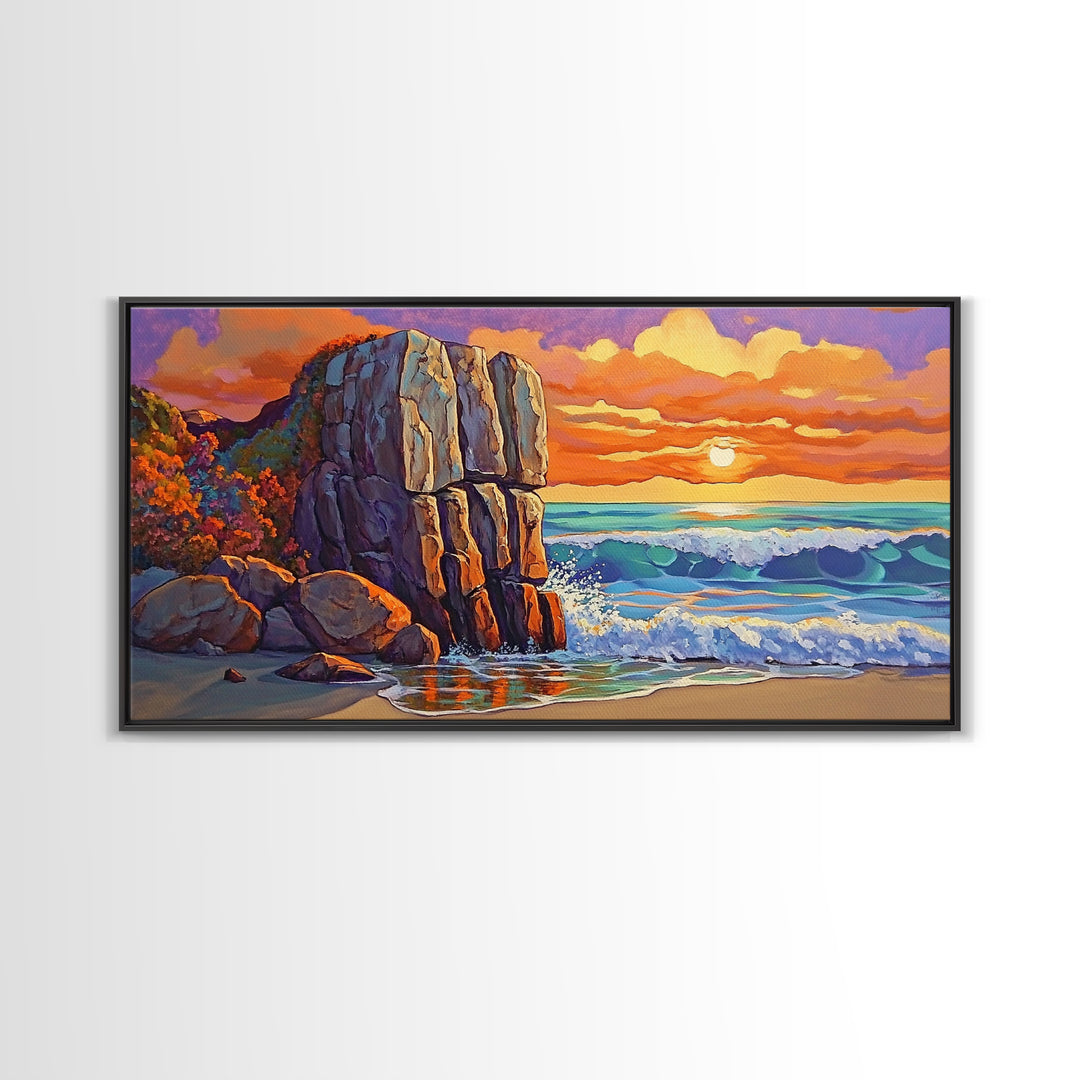 Rock Ocean, Sunset, Waves, Framed Canvas Print, coastal wall decor, bold shoreline art, living room beach style, nature theme