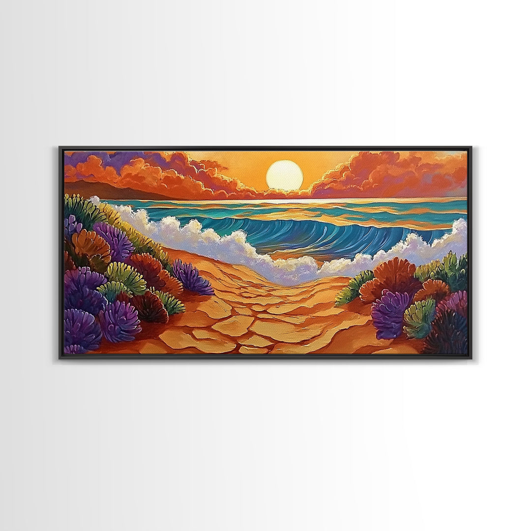 Beach Ocean, Sunrise, Coastal Path, Framed Canvas Print, Vibrant Seaside Art, Bathroom Wall Decor, Nature Landscape, Colorful Waves