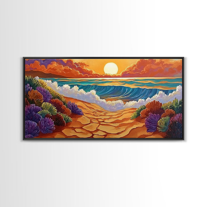 Beach Ocean, Sunrise, Coastal Path, Framed Canvas Print, Vibrant Seaside Art, Bathroom Wall Decor, Nature Landscape, Colorful Waves