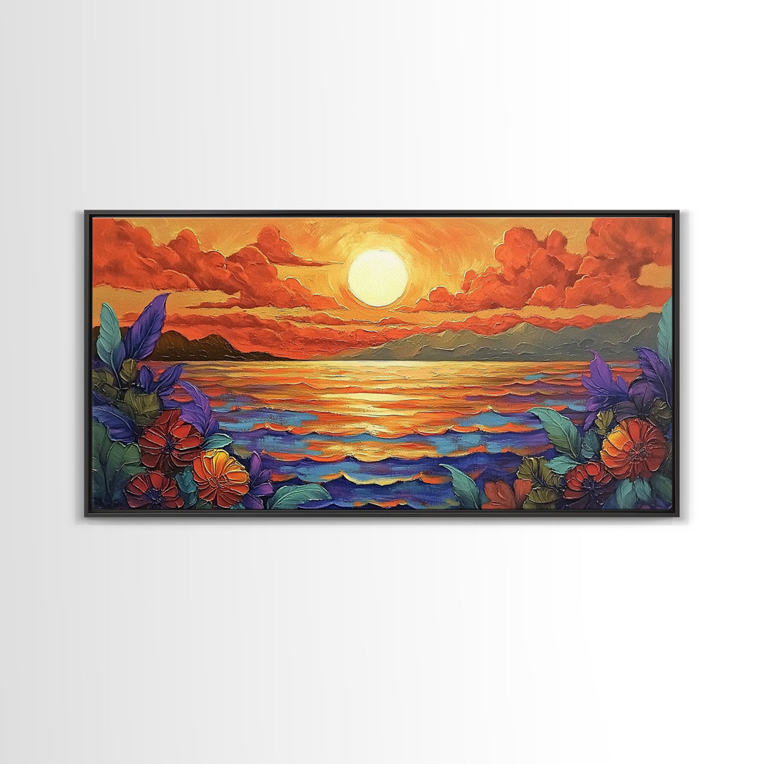 Flowers Sunset, Ocean View, Coastal Bloom, Framed Canvas Print, Vibrant Nature Art, Kitchen Wall Decor, Beach Garden Scene, Bold Colors