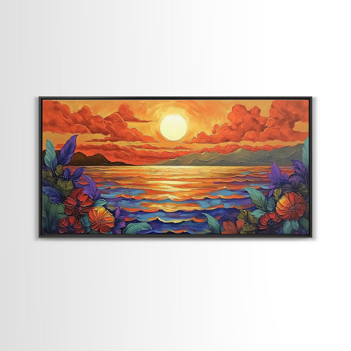 Flowers Sunset, Ocean View, Coastal Bloom, Framed Canvas Print, Vibrant Nature Art, Kitchen Wall Decor, Beach Garden Scene, Bold Colors