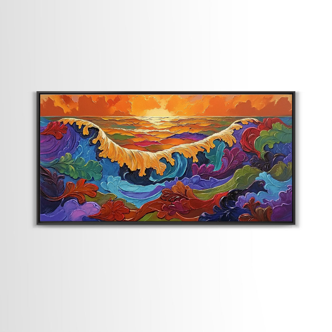 Ocean Abstract, Waves, Sunset, Framed Canvas Print, Surreal Coastal Art, Living Room Wall Decor, Fantasy Seascape, Boho Expressionist
