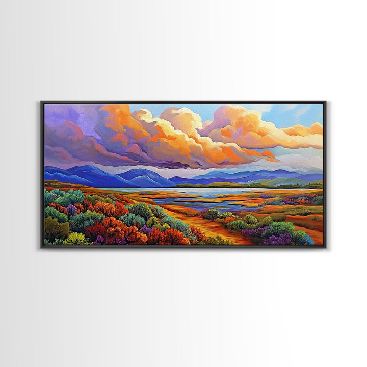 Autumn Mountains, Path, Landscape, Framed Canvas Print, serene autumn mountain scene with vibrant clouds, colorful field trail art