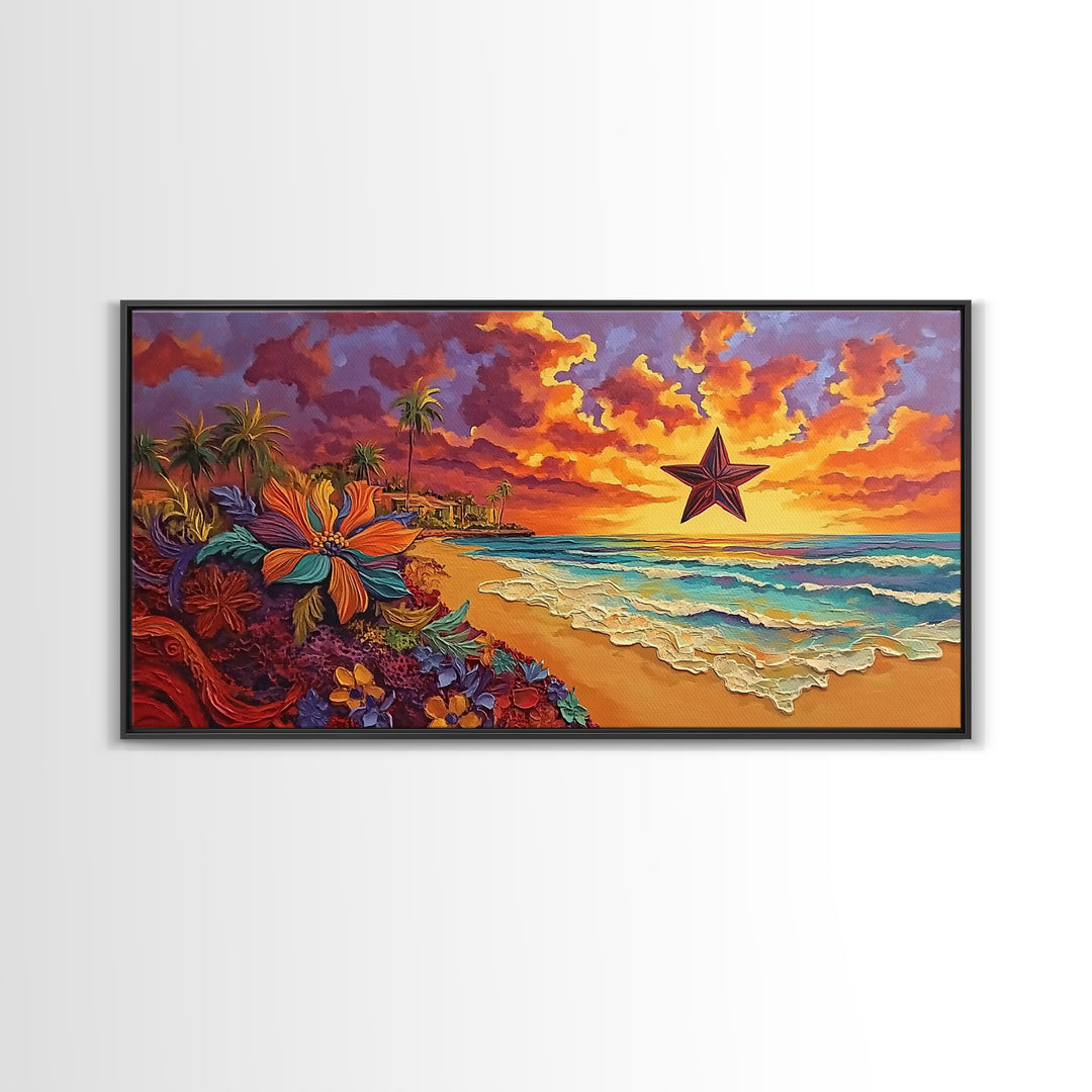 Beach Star, Flower, Sunset, Framed Canvas Print, beach sunset art with star, bold tropical flowers, palm trees, vivid sky, living room