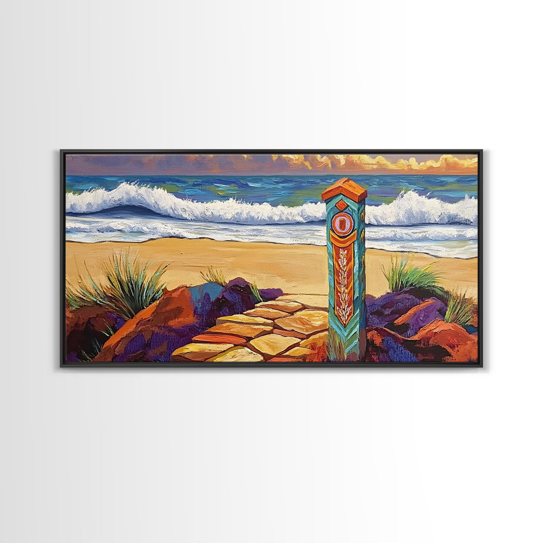 Beach Path, Waves, Nature, Ocean path with pillar, Framed Canvas Print, Coastal Decor, Vibrant Wall Art, Bathroom or Hallway Art