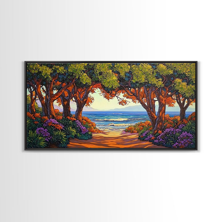 Beach Trees, Tunnel, Ocean, Sunset beach tunnel view, Framed Canvas Print, Coastal Boho Decor, Romantic Seaside Wall Art