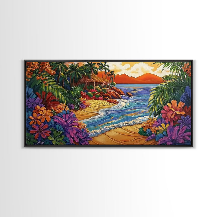 Tropical, Beach, Sunset, Palm, Vibrant tropical beach art, Canvas Print, Island Paradise Decor, Vacation Vibes, Living Room Art