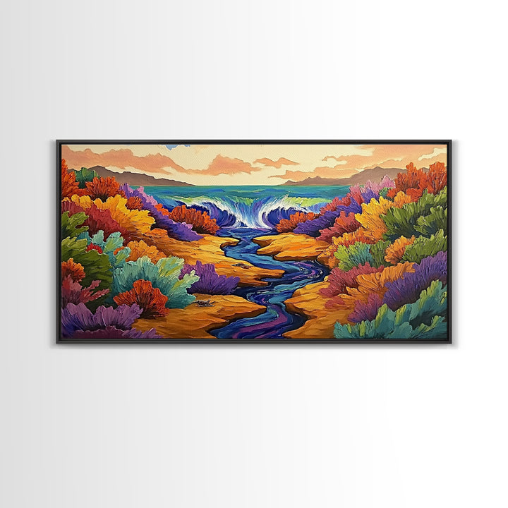 Waterfall, Canyon, Nature, Ocean, Framed Canvas Print, Boho wall art, nature landscape art, vibrant waterfall decor, bathroom wall art