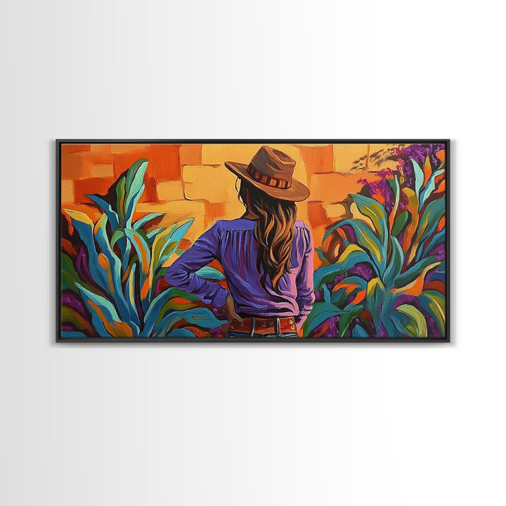 Cowgirl Desert, Vibes, Art, Framed Canvas Print, Western woman cactus wall art, rustic country home decor, southwestern living room