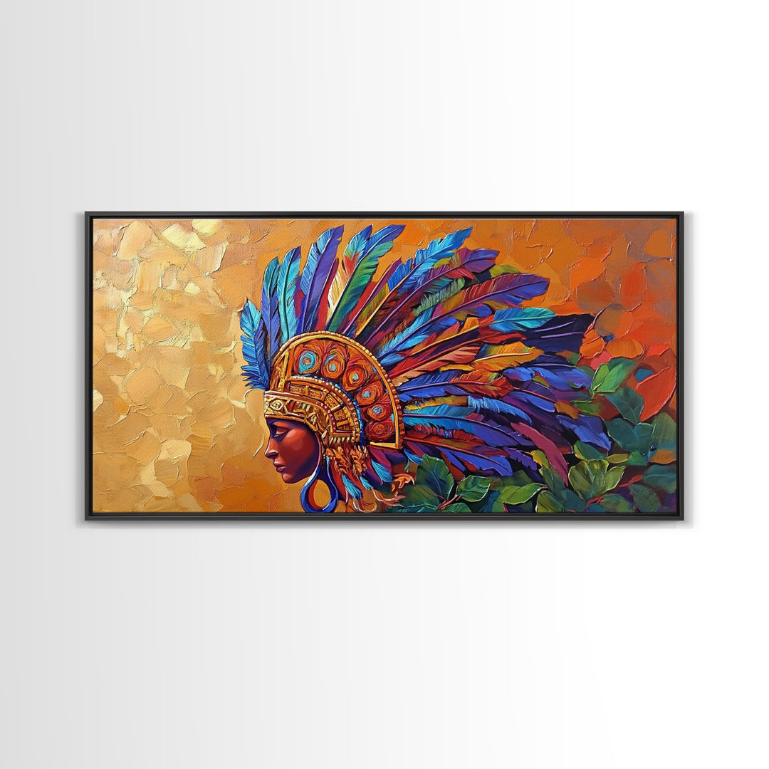 Aztec Warrior, Headpiece, Art, Framed Canvas Print, Indigenous feather headdress wall decor, bold bohemian accent, office statement
