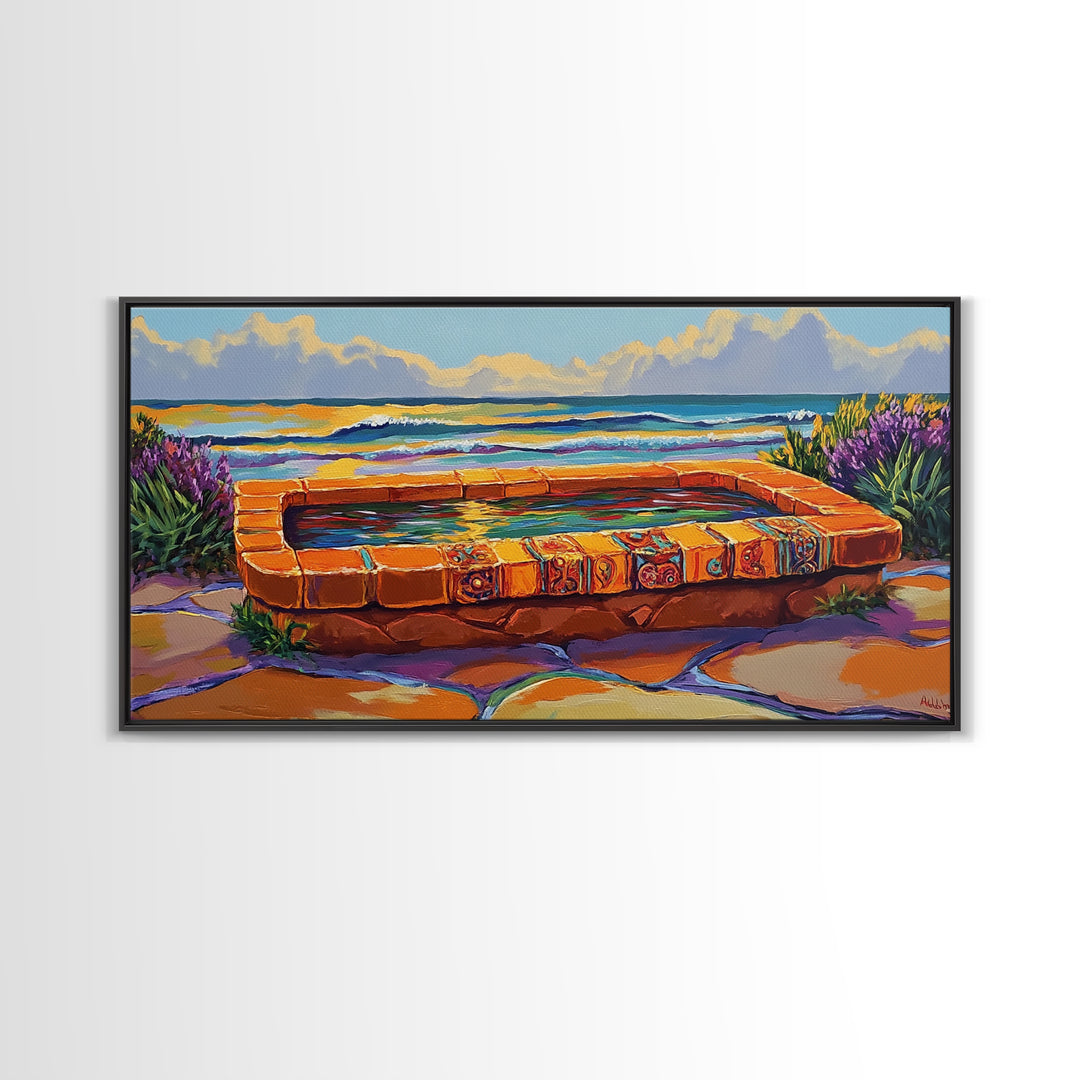 Ocean Terrace, Bath, Scene, Framed Canvas Print Mexican tile spa ocean view, tropical coastal wall art, vibrant bathroom or garden print
