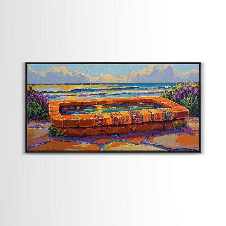 Ocean Terrace, Bath, Scene, Framed Canvas Print Mexican tile spa ocean view, tropical coastal wall art, vibrant bathroom or garden print