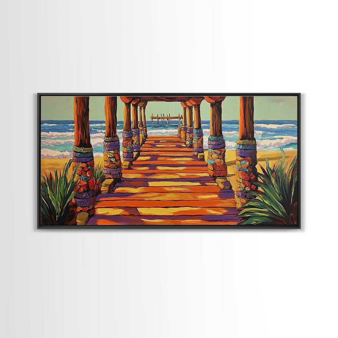 Pier Beach, Sunset, Vibrant, Canvas Print tropical coastal wall art, beach hallway decor, ocean waves painting, summer home artwork