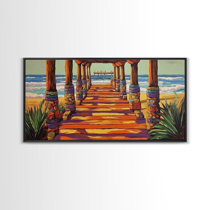 Pier Beach, Sunset, Vibrant, Canvas Print tropical coastal wall art, beach hallway decor, ocean waves painting, summer home artwork