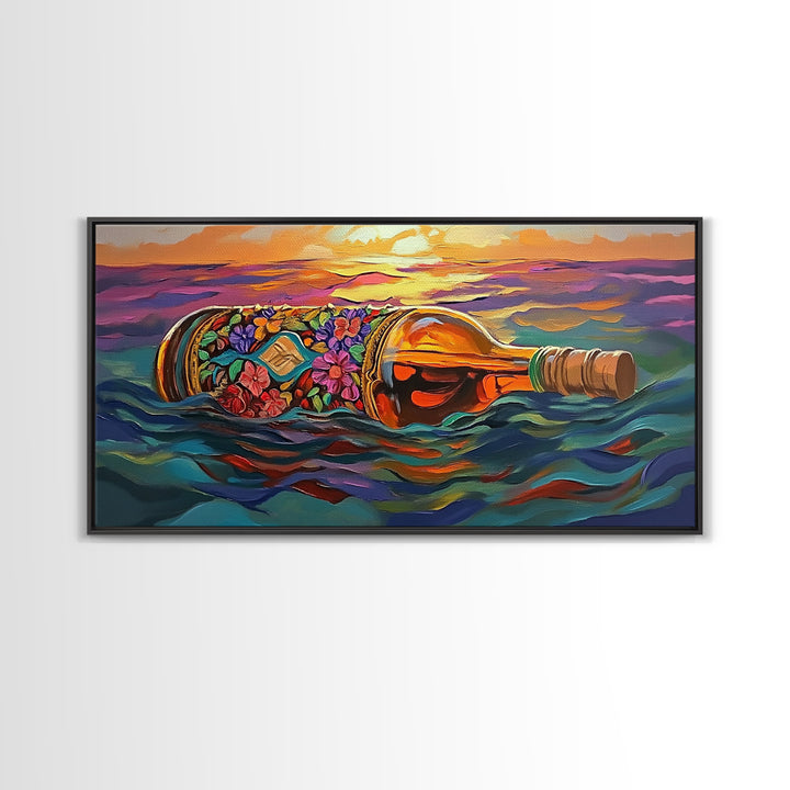 Bottle Ocean, Sunset, Flowers, Framed Canvas Print tropical beach bathroom decor, coastal boho wall art, floral message bottle painting