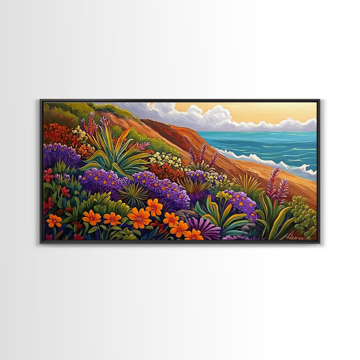 Coastal Floral, Landscape Painting, Canvas Print, vibrant beach flowers, ocean view wall decor, boho style Living Room Wall Art