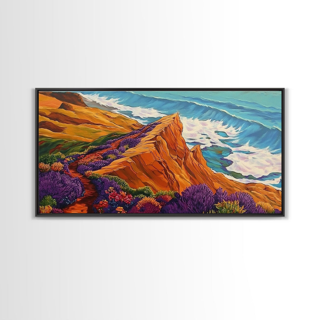 Cliff Flowers, Ocean Horizon, Framed Canvas Print, bold floral bluff, coastline scene, vibrant scenic Kitchen Wall Art, boho decor