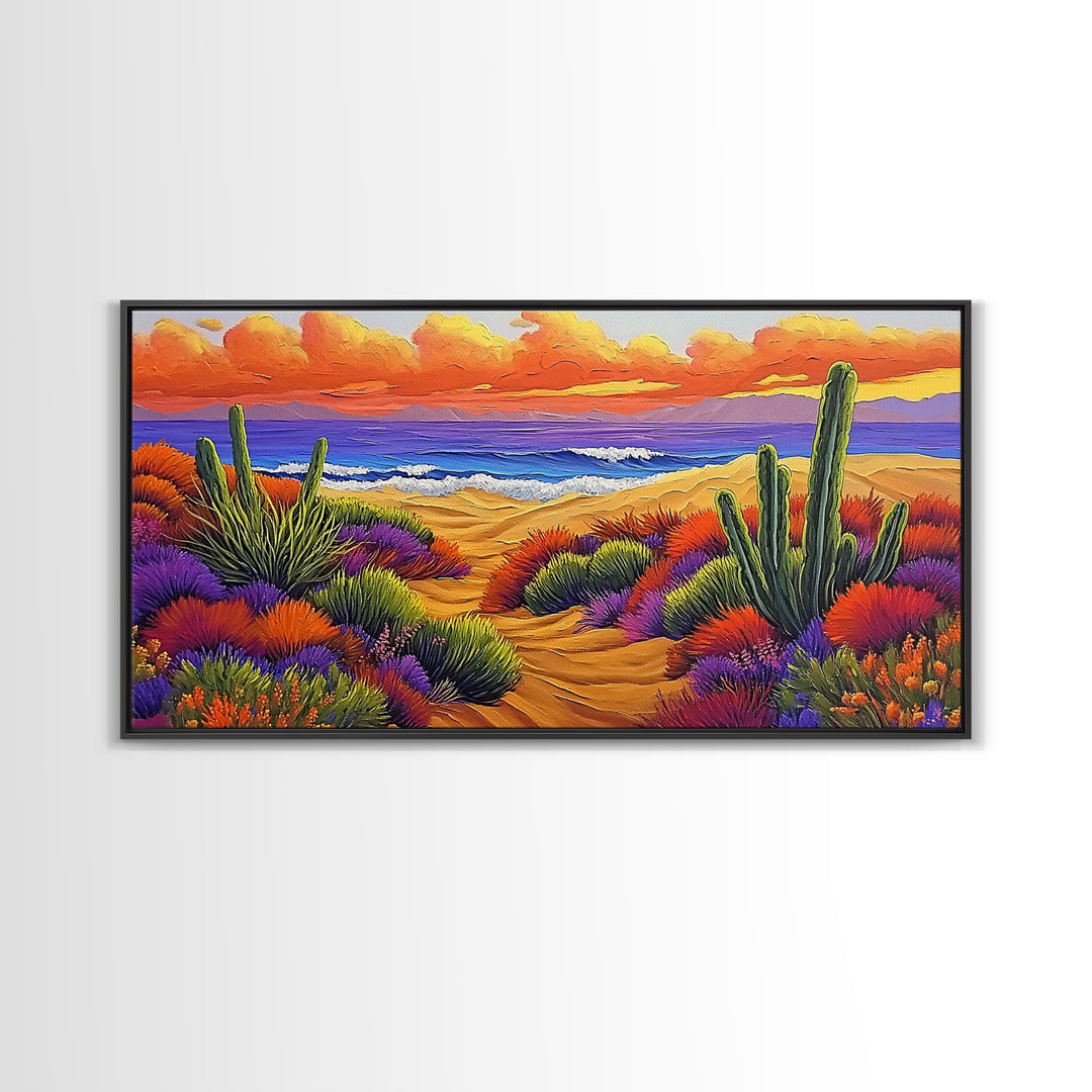 Cactus Sunset, Desert Painting, Framed Canvas Print, vibrant desert coastline, colorful flora, boho ar,t Southwest Style Entryway