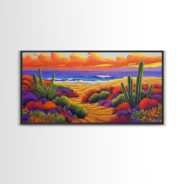 Cactus Sunset, Desert Painting, Framed Canvas Print, vibrant desert coastline, colorful flora, boho ar,t Southwest Style Entryway