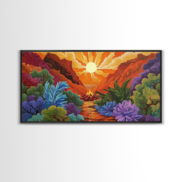 Campfire Valley, Sunset, Vivid Sky, bright forest Canvas Print, fall nature decor, bold boho fire painting, cozy cabin wall art