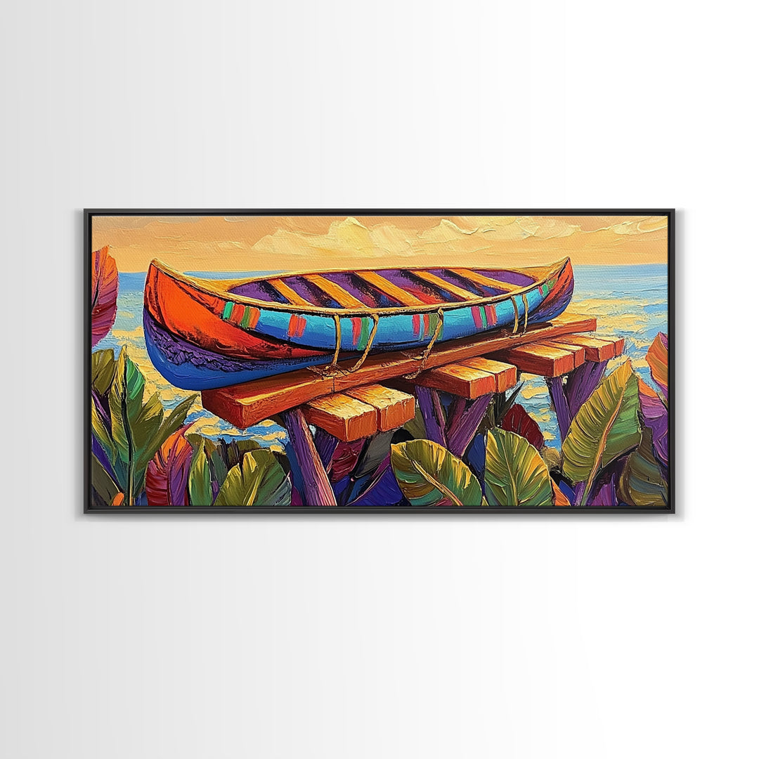 Canoe Dock, Ocean, Bold Palette, vibrant tropical Canvas Print, nautical boho art, playful beach house wall decor, summer vibes