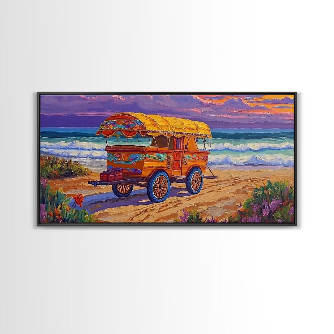 Beach Wagon, Sunset, Nostalgia, Canvas Print vintage coastal travel art Living Room Wall Art boho beach scene summer home vibe
