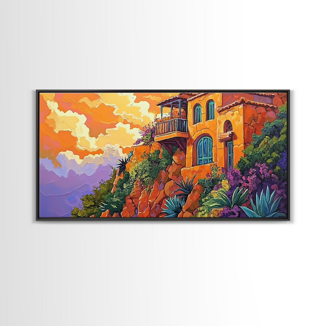 Cliffside House, Sunset, View, Desert boho mountain house, colorful Canvas Print, living room wall art, dramatic sky landscape painting