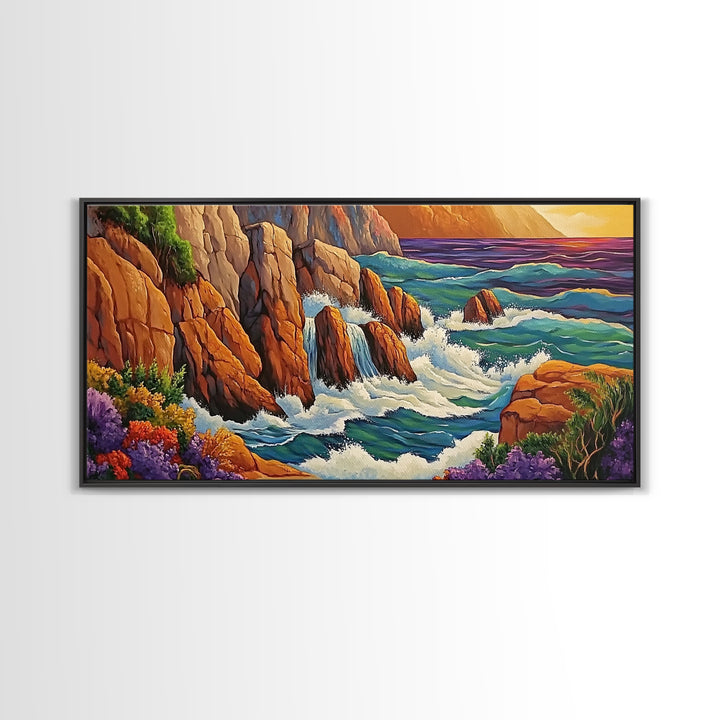 Rocks Waves, Sea, Energy, Dramatic cliff seascape Canvas Print, living room wall art, bold ocean decor, coastal energy painting