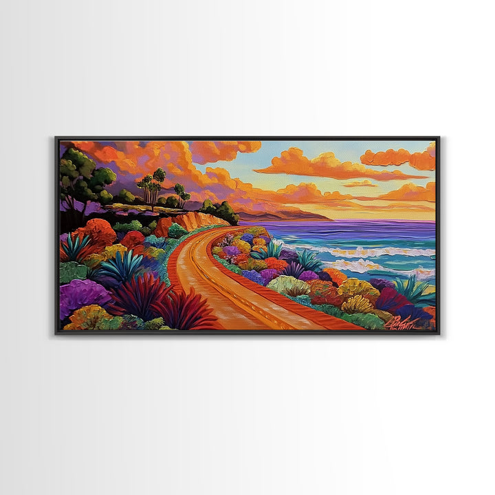 Coastal Train, Sunset, Framed Canvas Print, Vibrant coastal sunset railway painting, Colorful beachscape boho art, Hallway Wall Art
