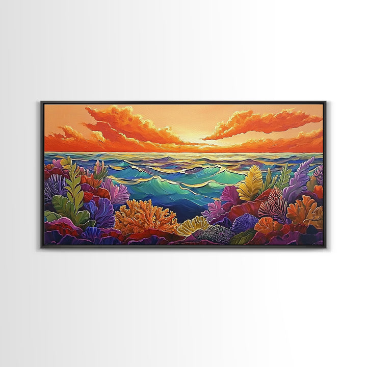 Coral Ocean, Sunset, Framed Canvas Print, Underwater coral reef at sunset painting, Ocean lover gift idea, Coastal Spa Wall Art
