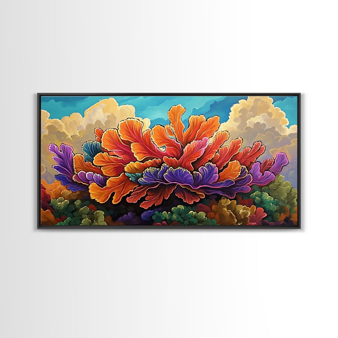 Coral Bloom, Ocean, Framed Canvas Print, Abstract blooming coral reef under dreamy sky painting, Modern Coastal Decor, Bedroom Wall Art