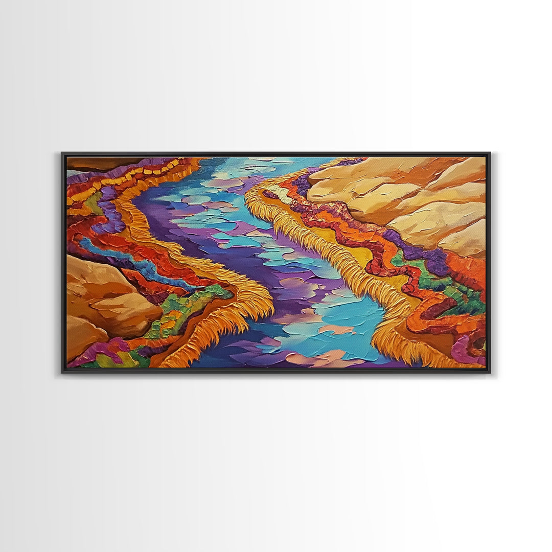 River Abstract, Color, Framed Canvas Print, Textured abstract river canyon painting, Desert Vibe Landscape Art, Hallway Wall Art