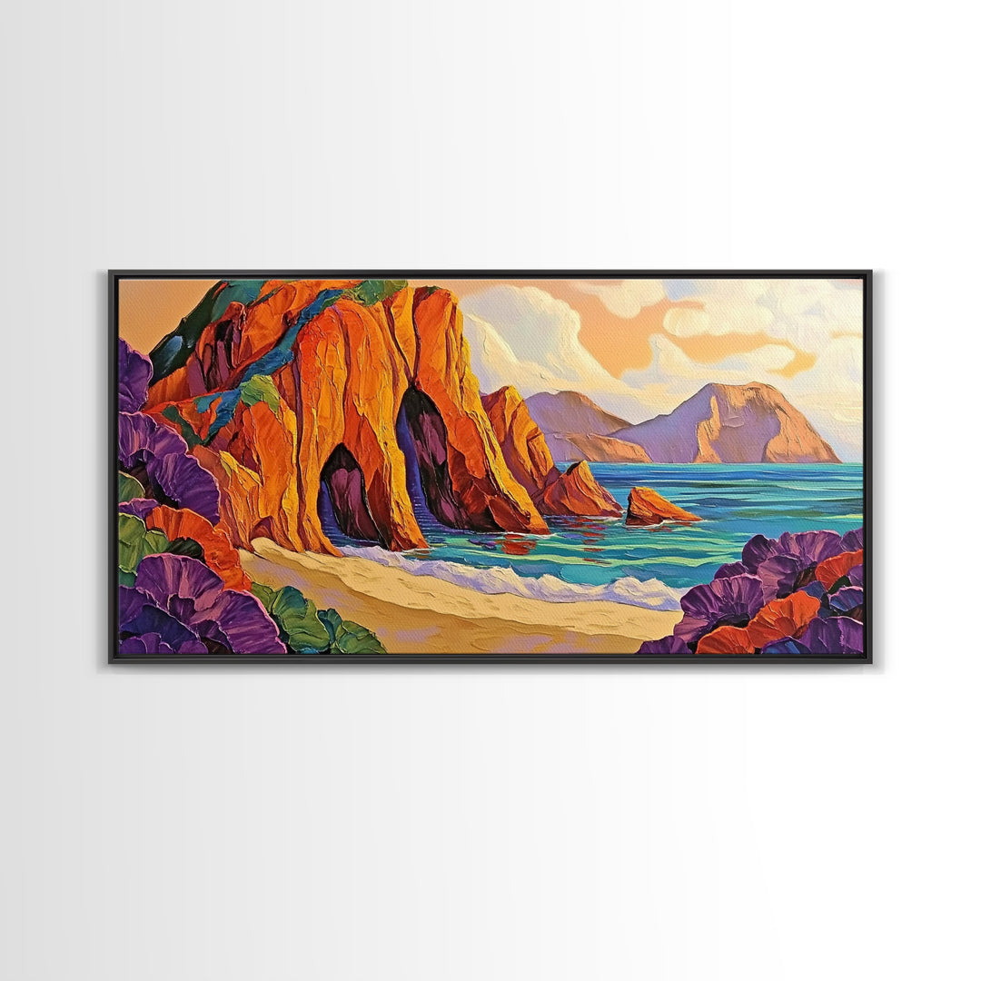 Cliffs Beach, Ocean, Framed Canvas Print, Bold textured coastal cliffs and ocean view painting, Vibrant Summer Decor, Kitchen Wall Art