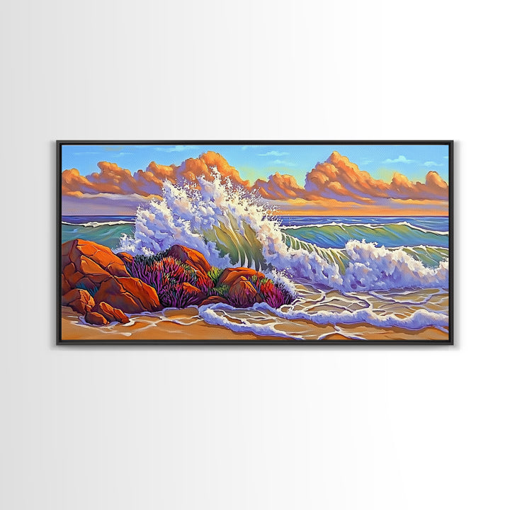 Rocks Waves, Sky, Framed Canvas Print, Majestic ocean wave crashing on rocks under golden clouds, Tropical Seascape, Coastal Living Room
